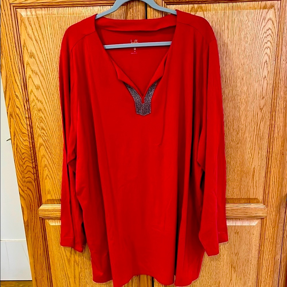 Belle by Kim Gravel Red Top with Embellished Neckline